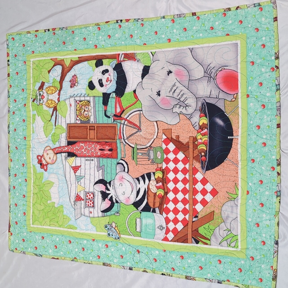 Adorable Zoo Animals Going Camping Handmade Baby Quilt Panda Elephant Zebra